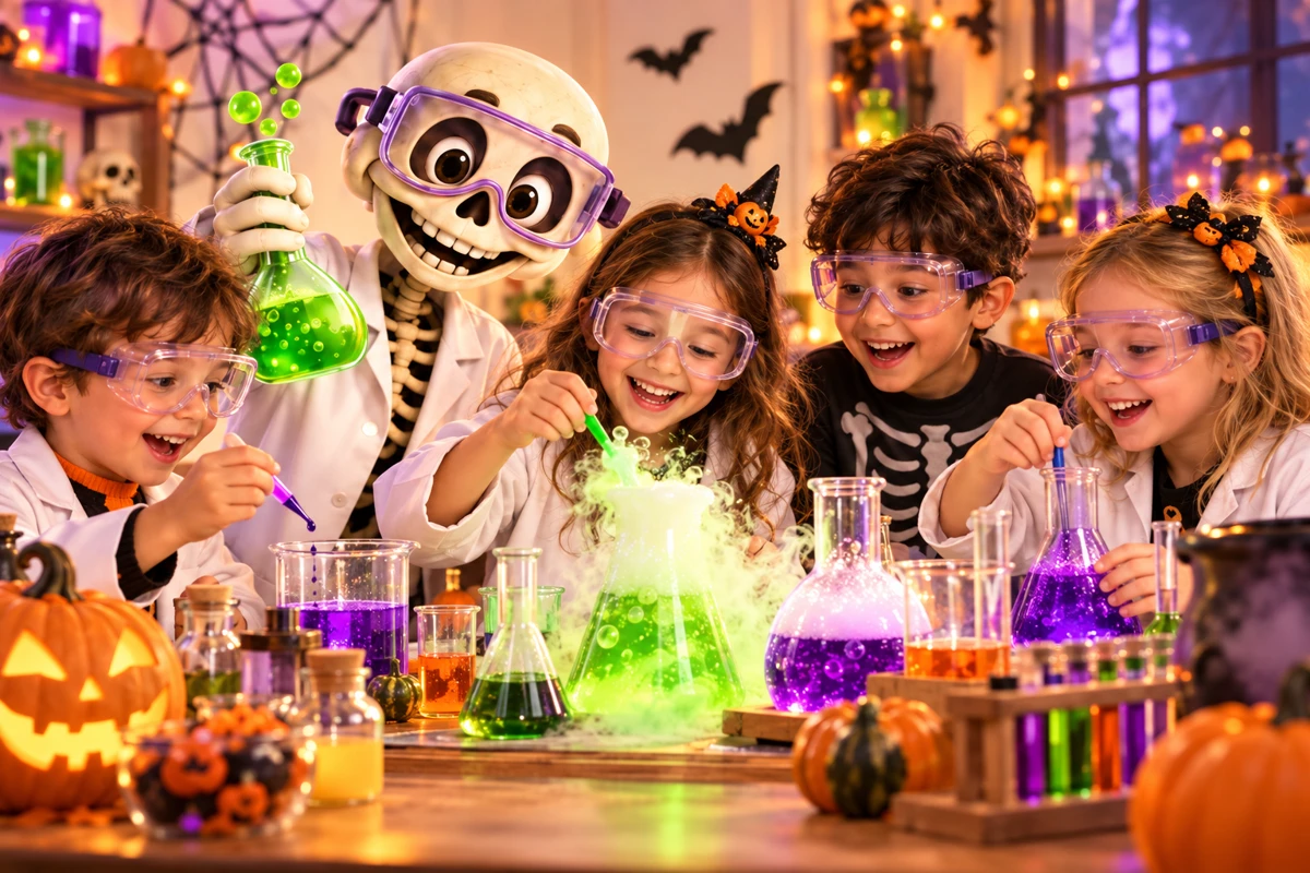 Niños y niñas disfrutando de un laboratorio de Halloween con un esqueleto científico