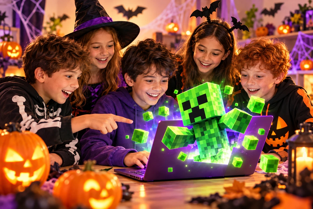 Niños y niñas creando juntos en un ordenador con un Creeper de Minecraft