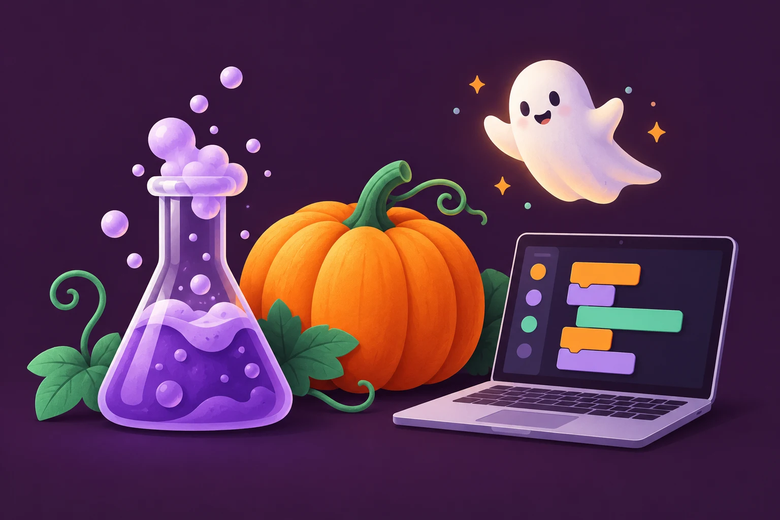 Un laboratorio de Halloween con experimentos, una calabaza y un ordenador para programar